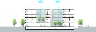 The concept for the new office and administration building of the Mitsubishi Electric Group includes the installation of stormwater management roofs on all roof areas. Source: kresings architektur GmbH Illustration of the concept